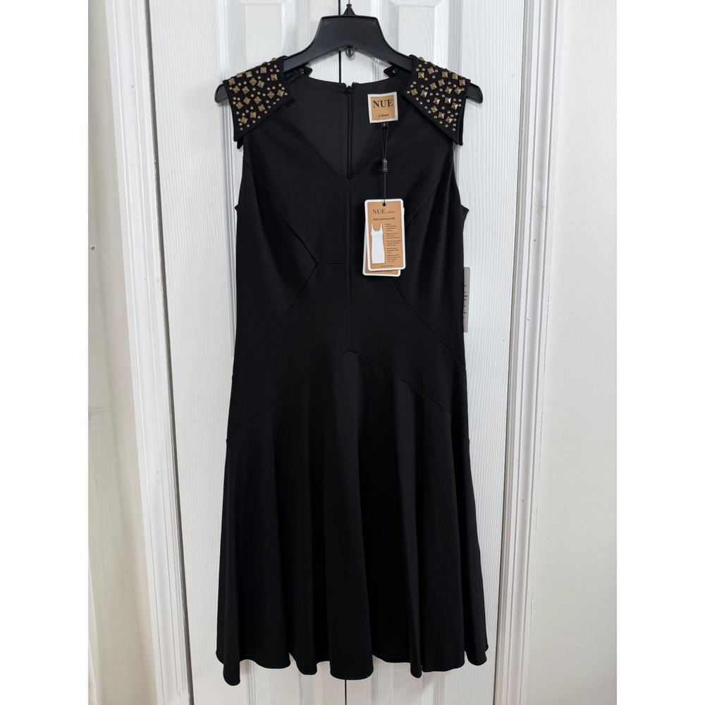 NUE by Shani Studded Shoulder Dress 8 Black Edgy Goth Punk Rock LBD Fit & Flare